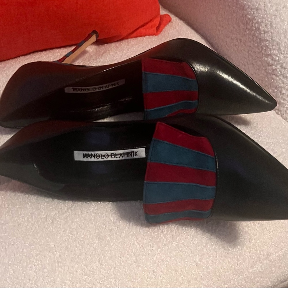 Manolo Blahnik Black Heels with Red and Blue Stripes - Picture 14 of 15